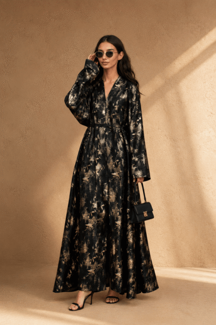 The Gold Aura luxury black abaya front view for women