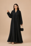 Luxury Black Open Abaya made from premium Zoom Nida fabric featuring elegant handcrafted floral handwork for modern modest fashion.