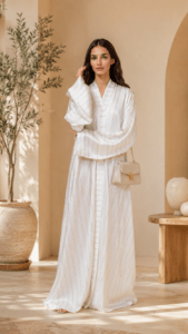 Minimalist Zari Abaya made from premium TikTok fabric with elegant zari lining for modern modest fashion and everyday comfort.