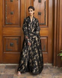 Luxury black abaya with gold pattern front view