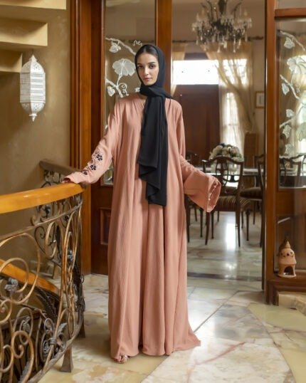 The Blossom embroidered abaya front view in dusty rose with black stole