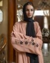 Luxury embroidered abaya for women in dusty rose with matching black stole