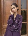 The Amethyst Bloom Embroidered Abaya crafted from premium TikTok fabric featuring elegant DMC Nag embroidery work and an open front luxury modest design.