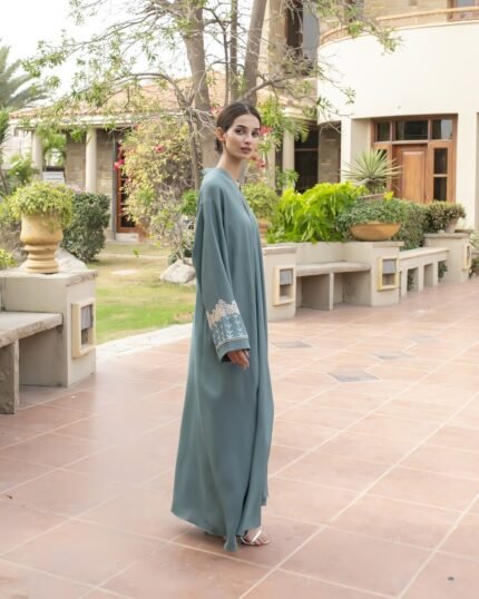 The Oasis Flow Summer Abaya Side View with Embroidered Sleeves
