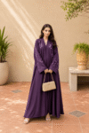 The Amethyst Bloom Embroidered Abaya crafted from premium TikTok fabric featuring elegant DMC Nag embroidery work and an open front luxury modest design.