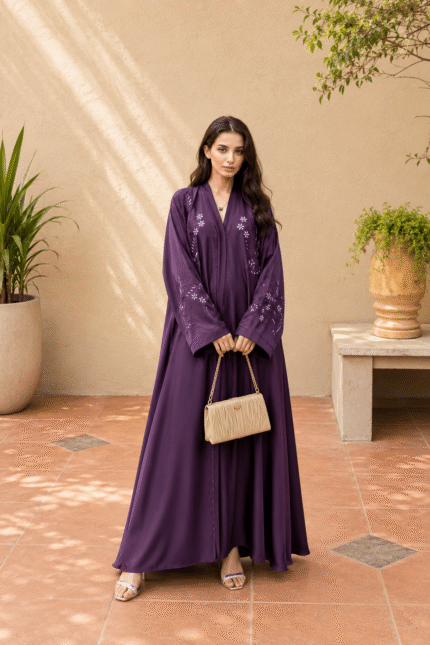 The Amethyst Bloom Embroidered Abaya crafted from premium TikTok fabric featuring elegant DMC Nag embroidery work and an open front luxury modest design.