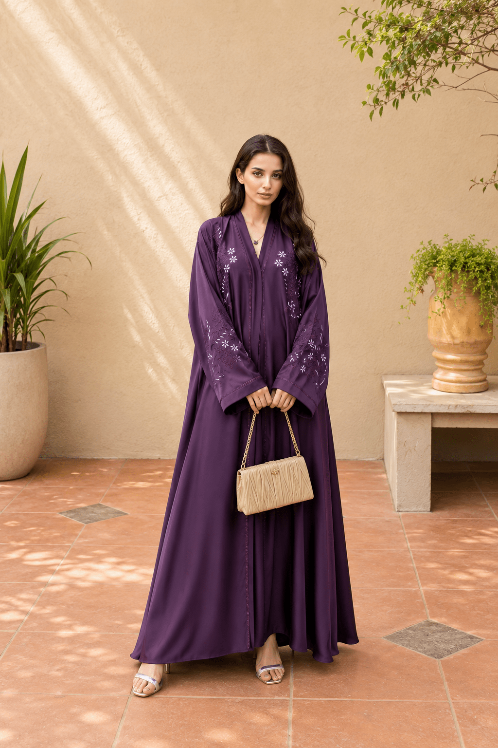 The Amethyst Bloom Embroidered Abaya The Amethyst Bloom Embroidered Abaya crafted from premium TikTok fabric featuring elegant DMC Nag embroidery work and an open front luxury modest design.