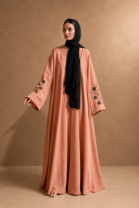 Embroidered abaya for women in dusty rose with floral embroidery and black stole