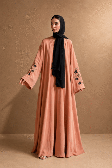 Embroidered abaya for women in dusty rose with floral embroidery and black stole